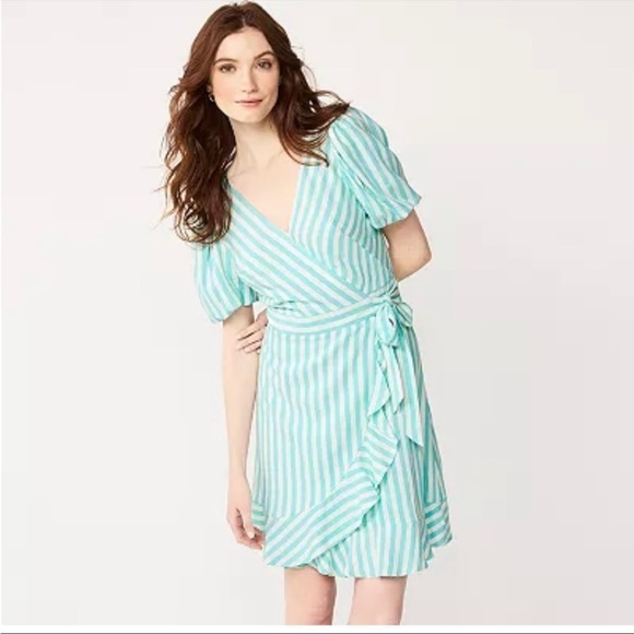 Draper James Dresses & Skirts - DRAPER JAMES RSVP Puff Sleeve Faux-Wrap Dress blue white stripe size XL